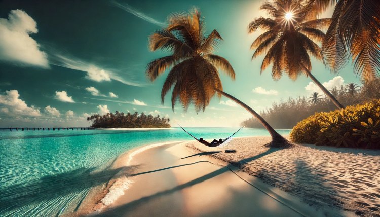 A tranquil island with pristine white sands, crystal-clear waters