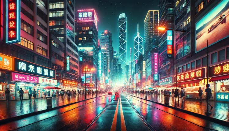 A vibrant cityscape filled with towering skyscrapers, neon lights, and the energetic hum of people moving through the streets