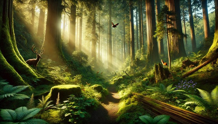 A lush, green forest teeming with wildlife and hidden paths