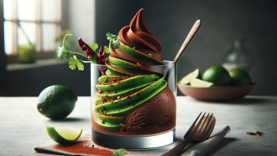 Culinary Delight that Dances on the Edge of Imagination: Chocolate Chili Sorbet with Avocado-Cilantro Lime Swirl