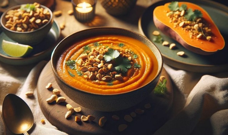 Cozy Comfort: Sweet Potato & Coconut Soup with a Crunchy Peanut Topping