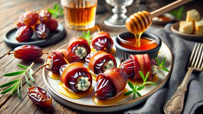 Bacon-Wrapped Dates with Blue Cheese and Honey