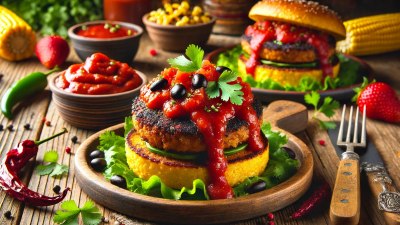 Vegetarian Delight with a Kick: Black Bean and Cornbread Burgers with Strawberry Chipotle Sauce 