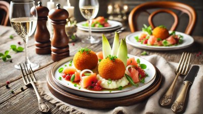 Elevated Comfort Food: Mashed Potato and Leek Croquettes with Smoked Salmon and Cherry Salsa