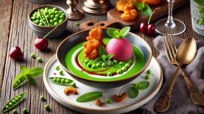 A Playful Contrast of Textures: Pea and Mint Soup with Crispy Chicken Skin and Cherry Sorbet