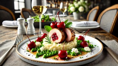 A Gourmet Take on Pork: Cherry and Goat Cheese Stuffed Pork Loin with Pea Risotto