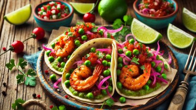 A Fresh and Flavorful Street Food Inspired Dish: Spicy Shrimp Tacos with Pea Salsa and Cherry-Lime Slaw