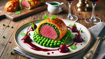 A Modern Take on a Classic: Beef Wellington with Pea Puree and Cherry Gastrique