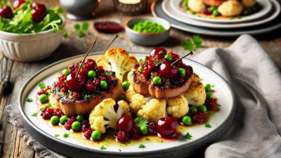 A Vegan Masterpiece: Roasted Cauliflower Steak with Cherry and Pea Relish 