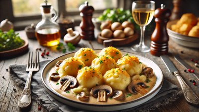 Comfort Food Reinvented: Mashed Potato and Cheddar Dumplings in a Creamy Mushroom Sauce