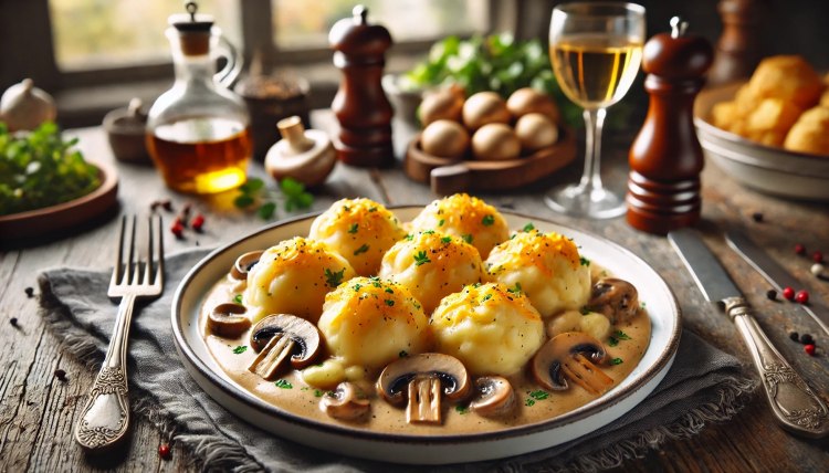 Comfort Food Reinvented: Mashed Potato and Cheddar Dumplings in a Creamy Mushroom Sauce