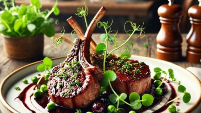 A Refined and Elegant Dish: Lamb Chops with Cherry and Thyme Reduction and Pea Shoots