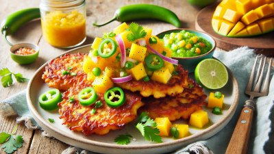 Mango and Jalapeño Salsa on Sweet Corn Fritters