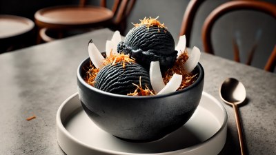 Charcoal-Infused Black Ice Cream with Coconut Flakes